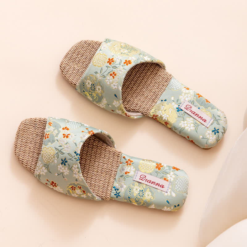 Floral Embroidered Linen House Slippers