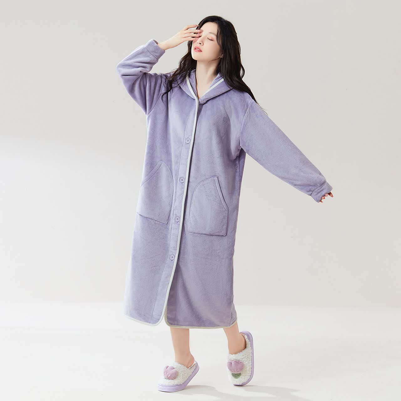 Simple Hooded Button Plush Bathrobe