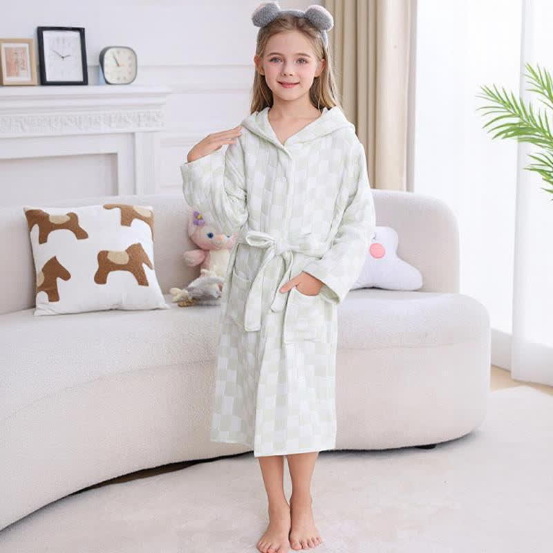 Checkered Hooded Cotton Gauze Child Bathrobe
