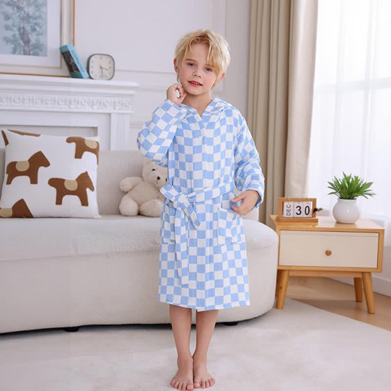 Checkered Hooded Cotton Gauze Child Bathrobe