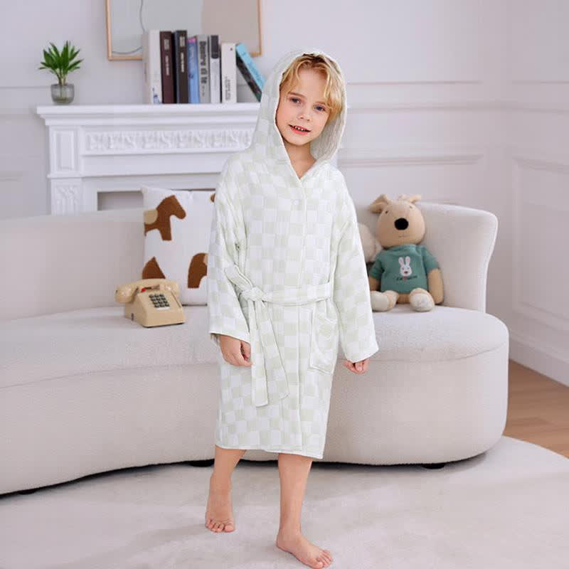 Checkered Hooded Cotton Gauze Child Bathrobe