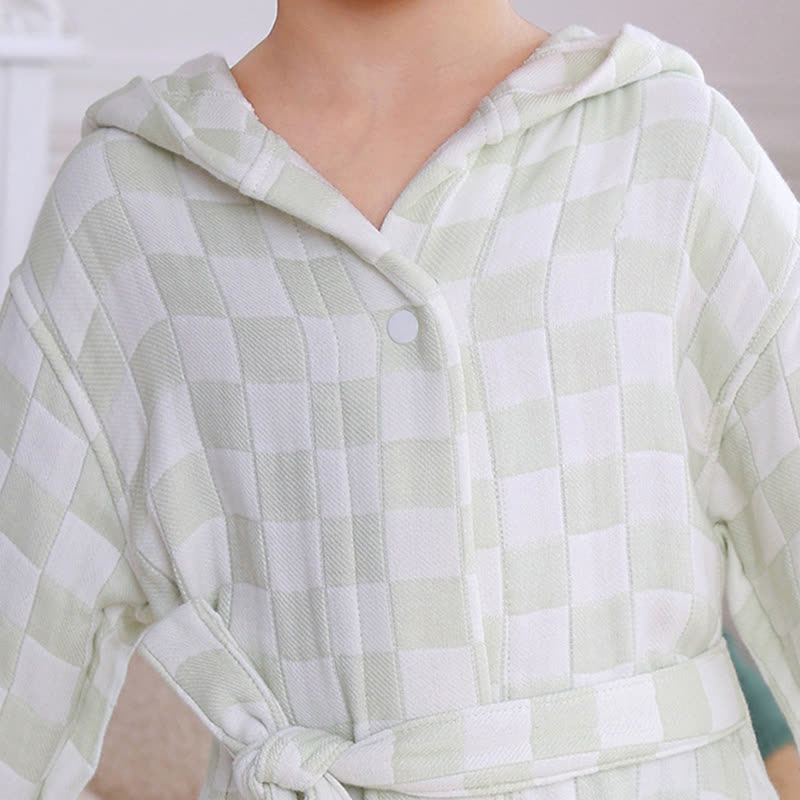 Checkered Hooded Cotton Gauze Child Bathrobe