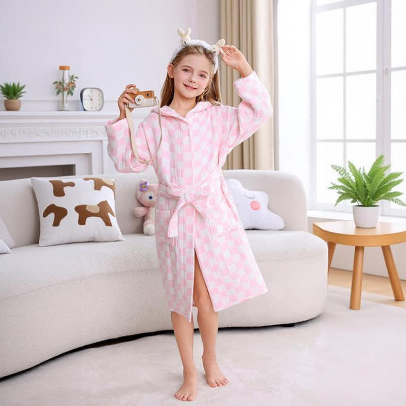 Checkered Hooded Cotton Gauze Child Bathrobe
