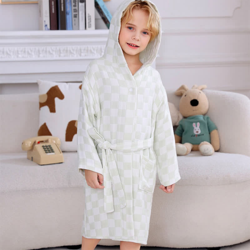 Checkered Hooded Cotton Gauze Child Bathrobe