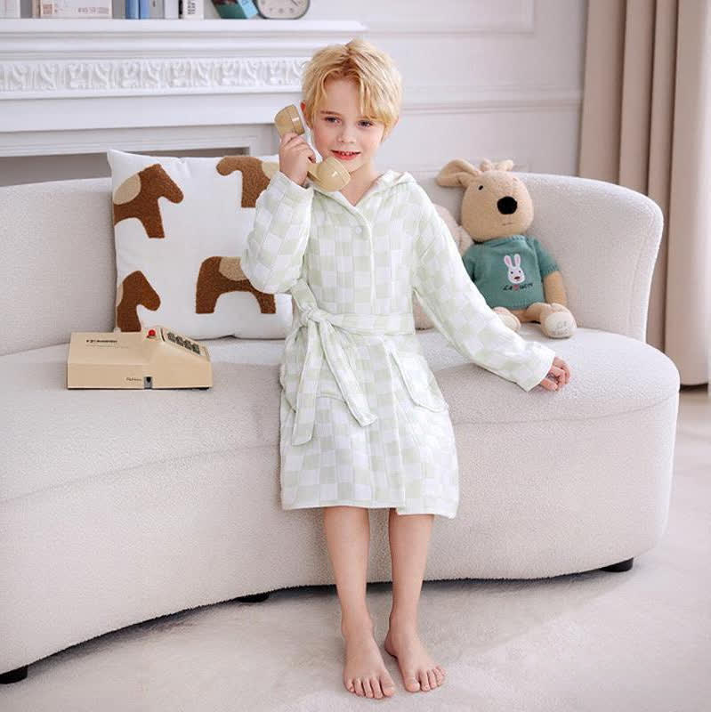 Checkered Hooded Cotton Gauze Child Bathrobe