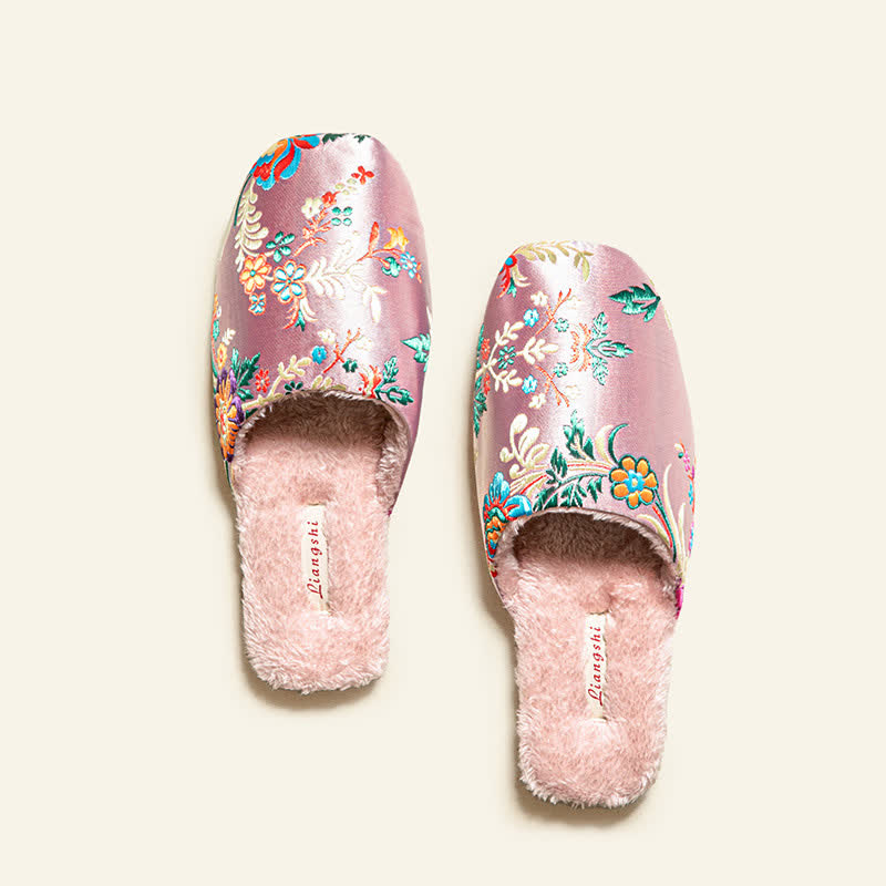 Retro Floral Embroidered Plush House Slippers