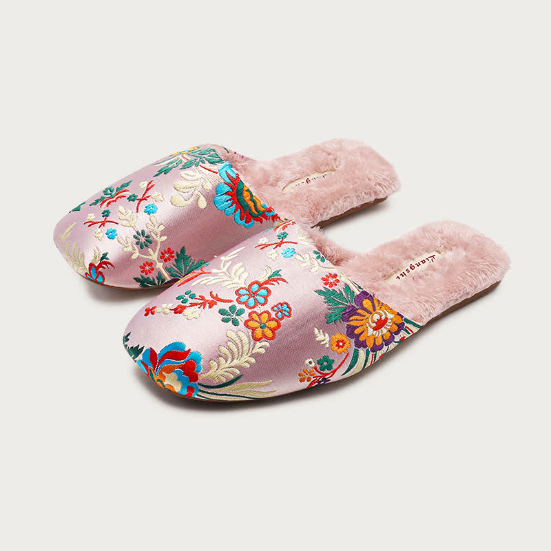 Retro Floral Embroidered Plush House Slippers