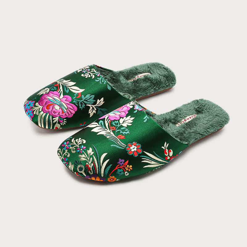 Retro Floral Embroidered Plush House Slippers