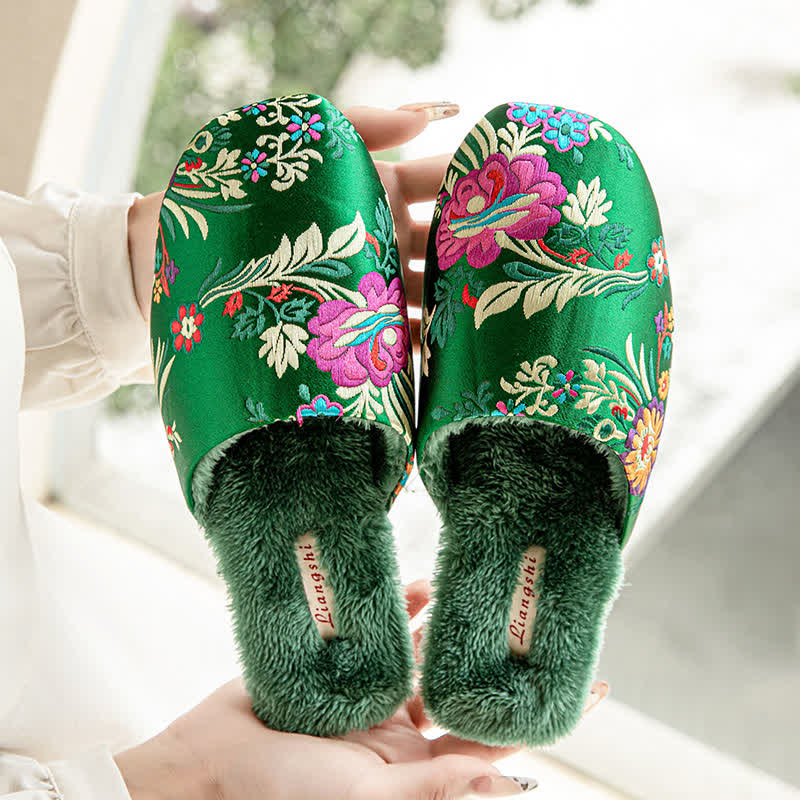 Retro Floral Embroidered Plush House Slippers