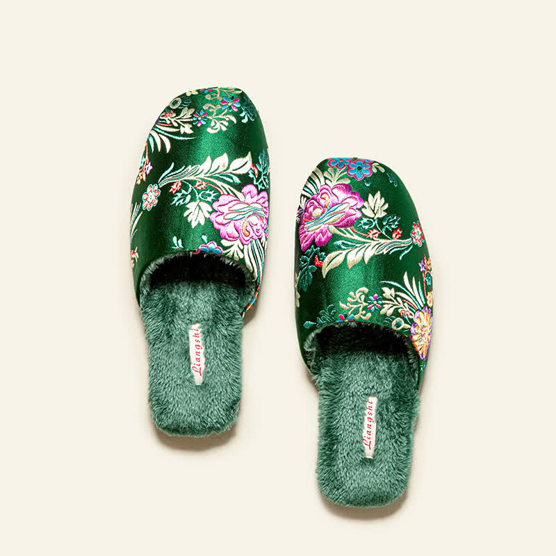 Retro Floral Embroidered Plush House Slippers