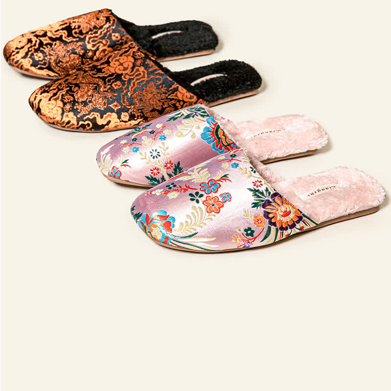 Retro Floral Embroidered Plush House Slippers