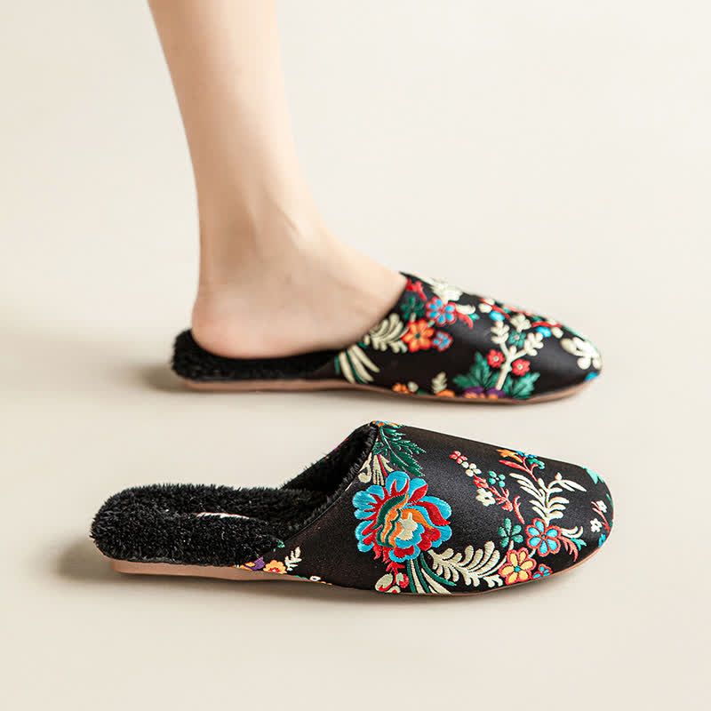 Retro Floral Embroidered Plush House Slippers