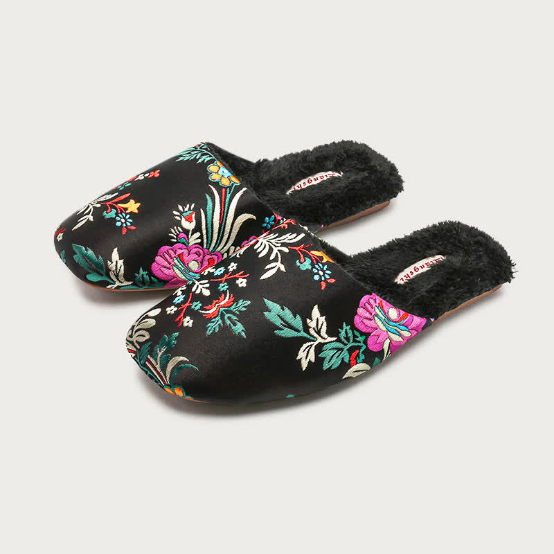 Retro Floral Embroidered Plush House Slippers