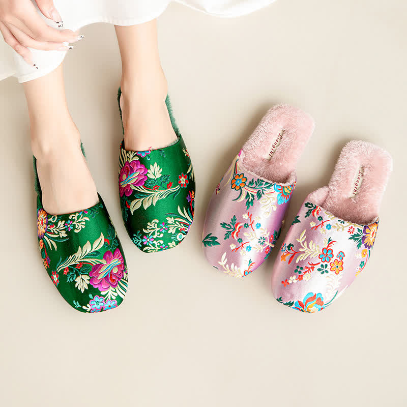 Retro Floral Embroidered Plush House Slippers