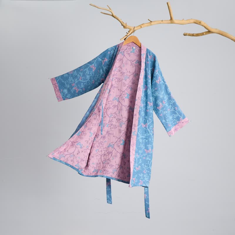 Elegant Floral Butterfly Cotton Gauze Kimono Robe