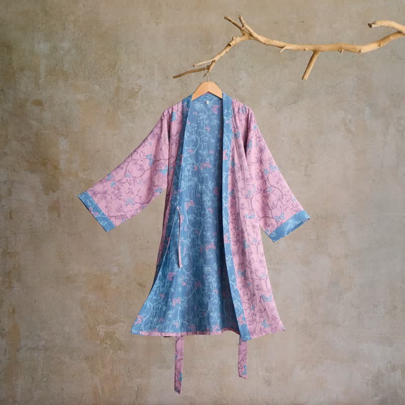 Elegant Floral Butterfly Cotton Gauze Kimono Robe