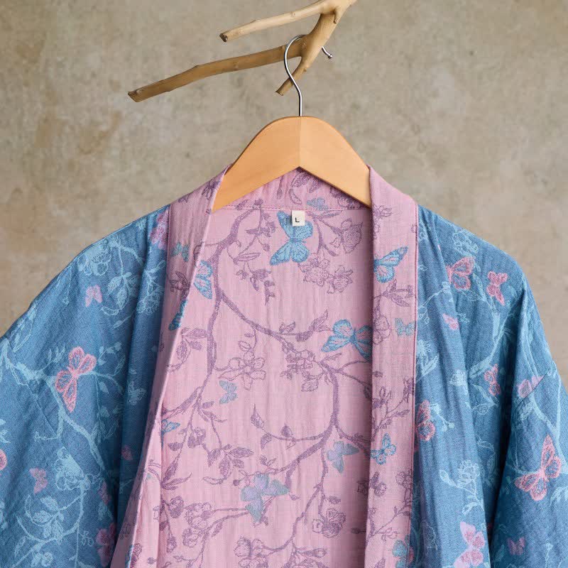 Elegant Floral Butterfly Cotton Gauze Kimono Robe
