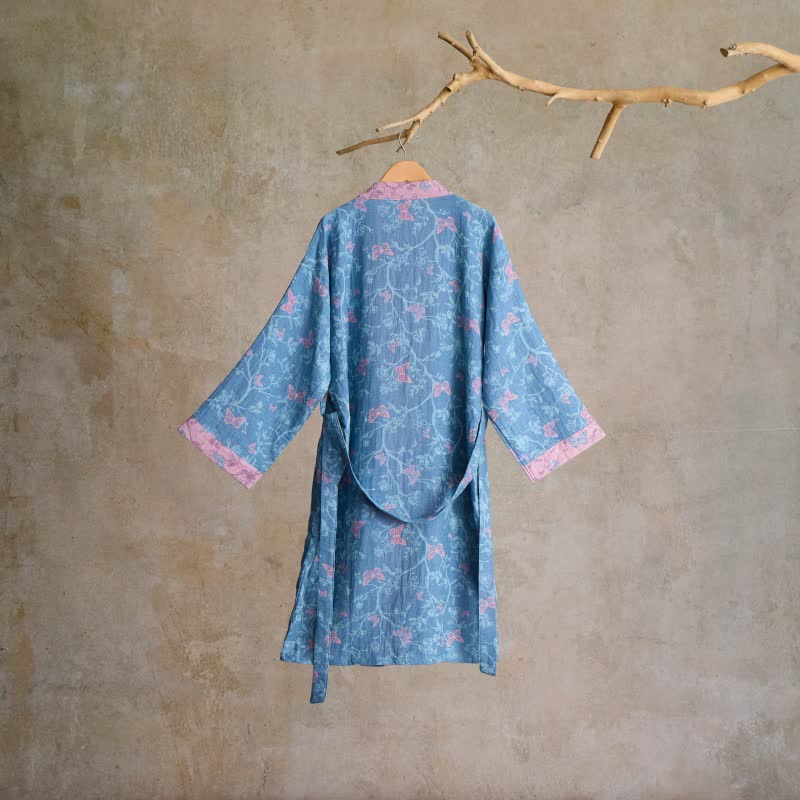 Elegant Floral Butterfly Cotton Gauze Kimono Robe