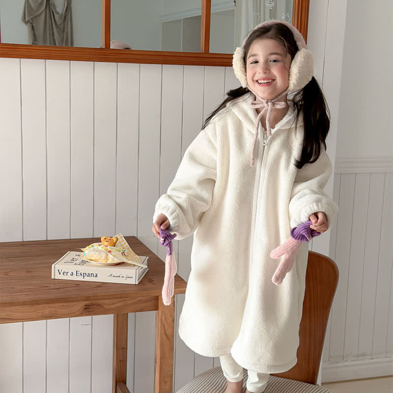 Simple Hooded Plush Zip-Up Child Robe
