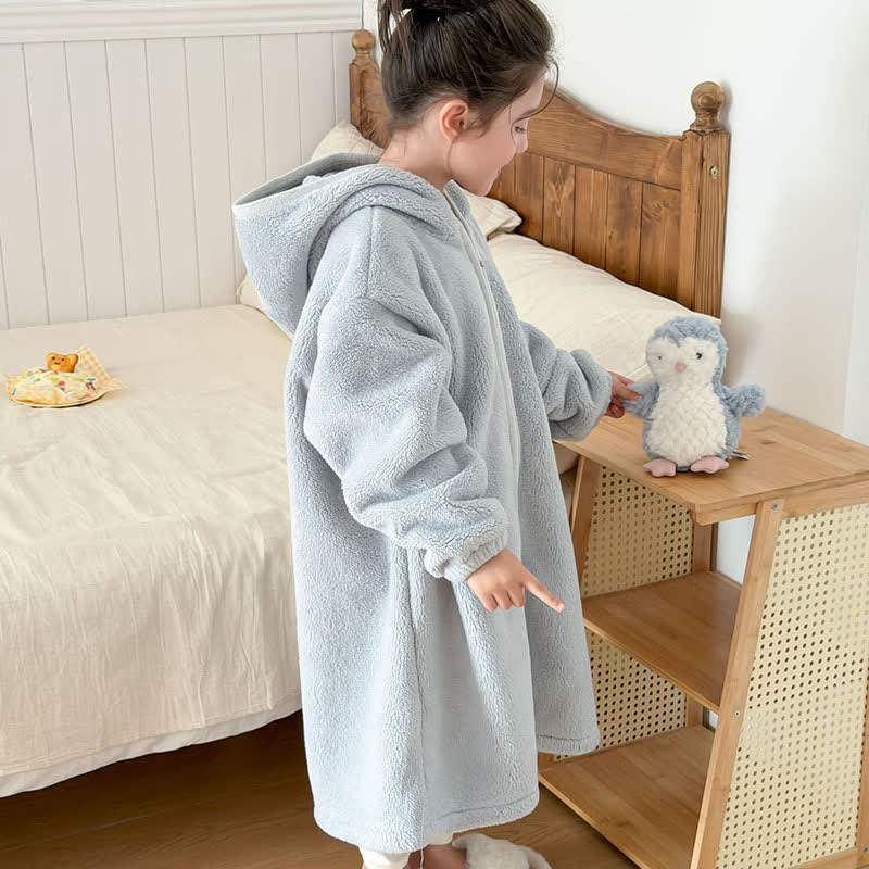 Simple Hooded Plush Zip-Up Child Robe