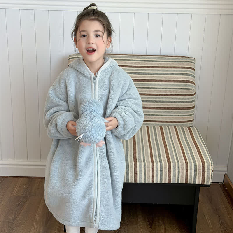Simple Hooded Plush Zip-Up Child Robe