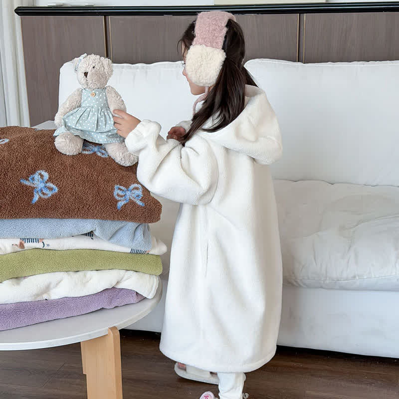 Simple Hooded Plush Zip-Up Child Robe