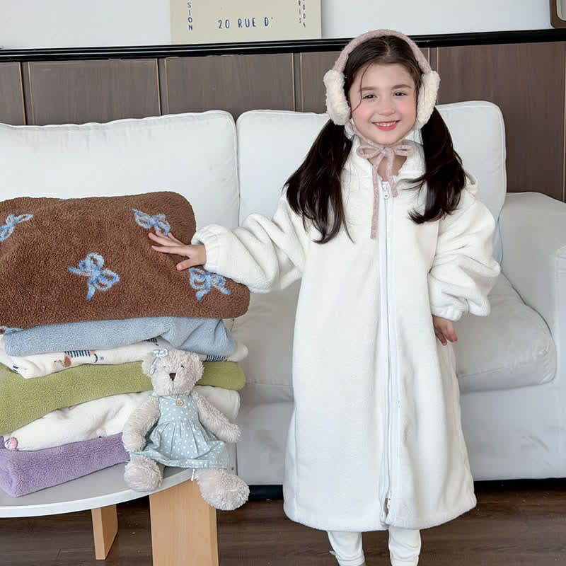 Simple Hooded Plush Zip-Up Child Robe