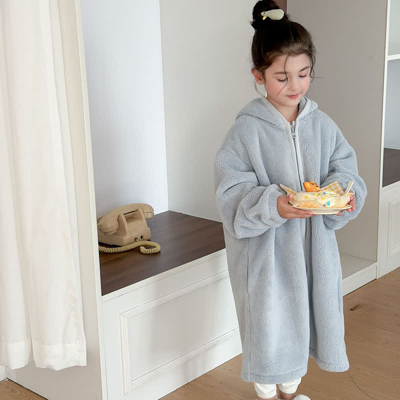Simple Hooded Plush Zip-Up Child Robe