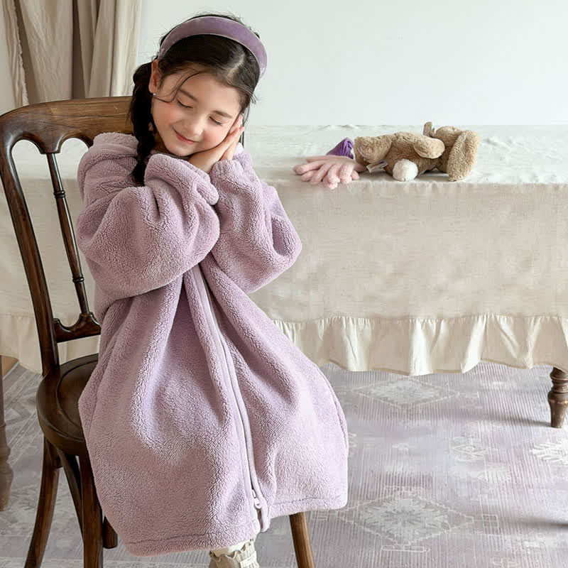 Simple Hooded Plush Zip-Up Child Robe