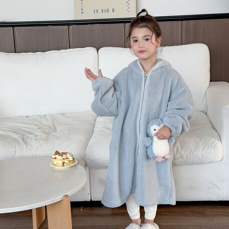 Simple Hooded Plush Zip-Up Child Robe