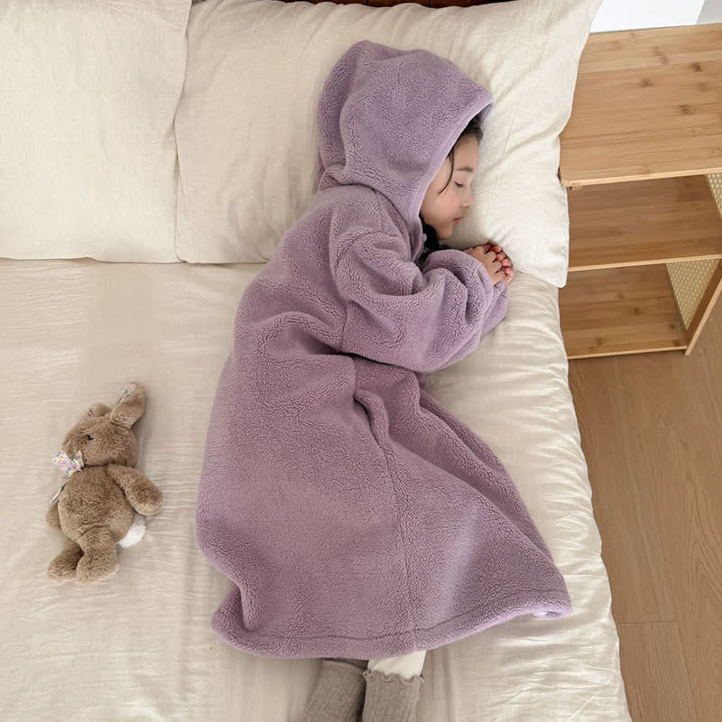 Simple Hooded Plush Zip-Up Child Robe