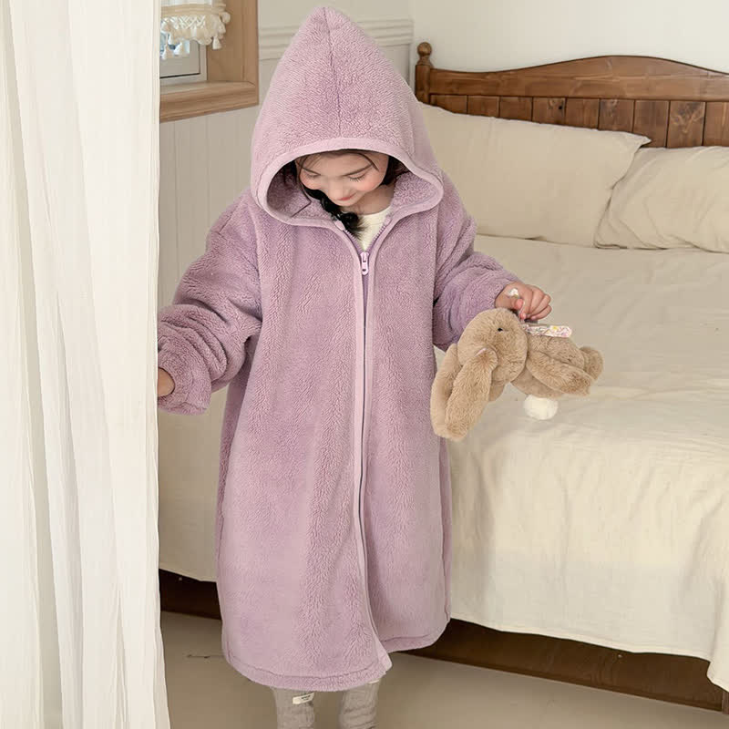 Simple Hooded Plush Zip-Up Child Robe