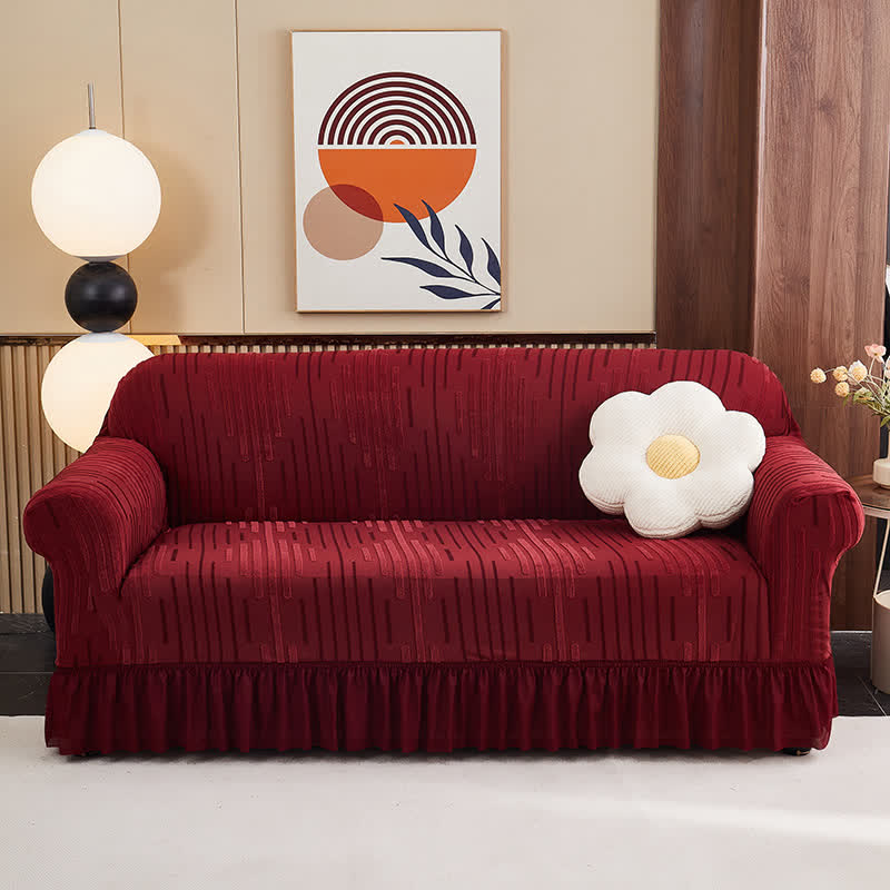 Ownkoti 3D Jacquard Thickened Sofa Cover with Ruffled Skirt - Wine - 4-Seater 92" - 118" - image 5