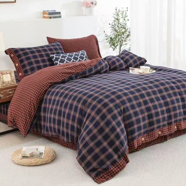 Ownkoti Retro Plaid Cotton Gauze Button Bedding Set(4PCS) - image 1