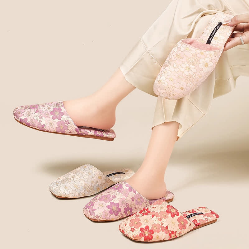 Ownkoti Oriental Peach Blossom Jacquard Plush Slippers