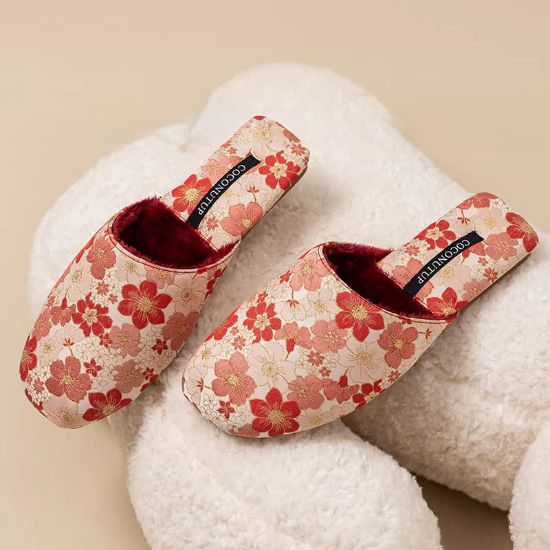 Ownkoti Oriental Peach Blossom Jacquard Plush Slippers