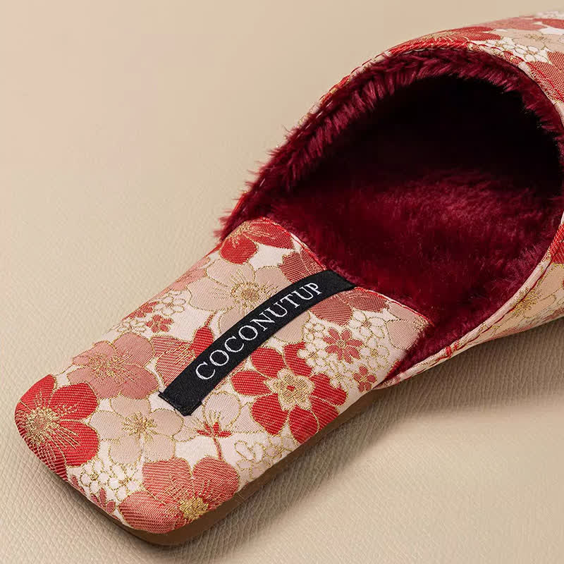 Ownkoti Oriental Peach Blossom Jacquard Plush Slippers