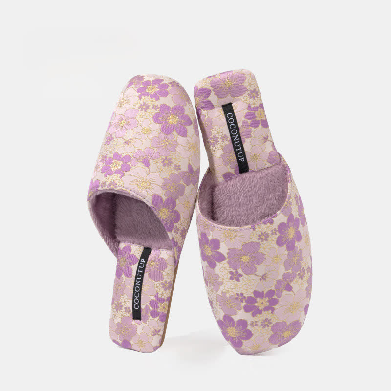 Ownkoti Oriental Peach Blossom Jacquard Plush Slippers