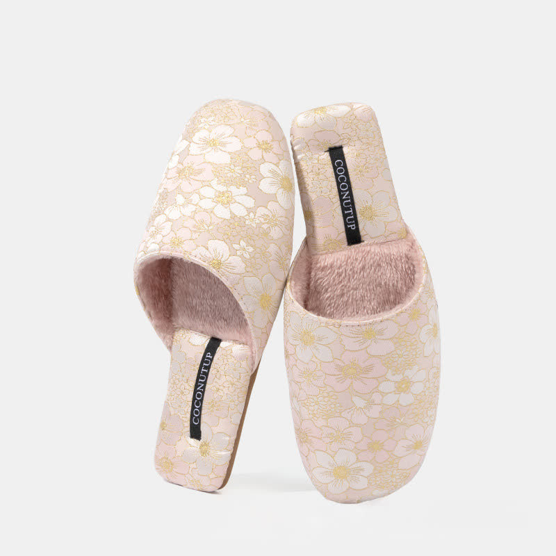 Ownkoti Oriental Peach Blossom Jacquard Plush Slippers