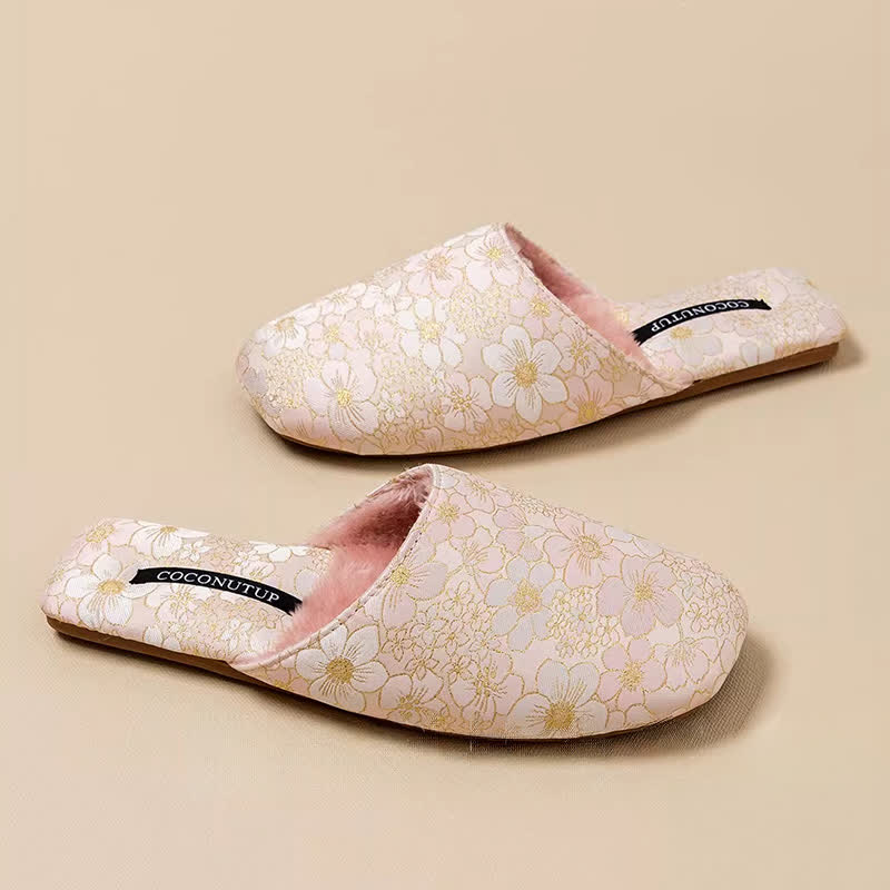 Ownkoti Oriental Peach Blossom Jacquard Plush Slippers