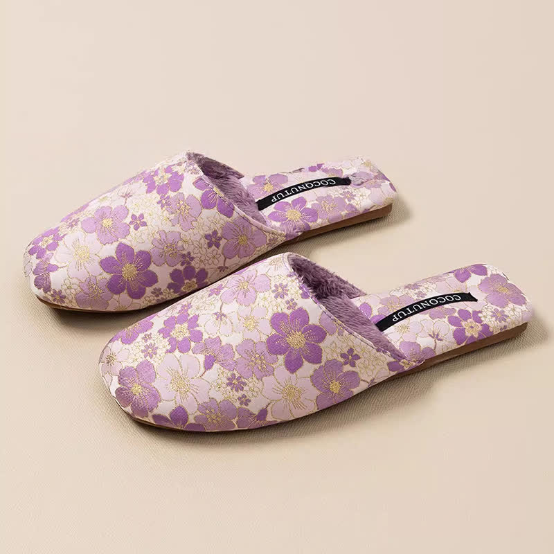 Ownkoti Oriental Peach Blossom Jacquard Plush Slippers