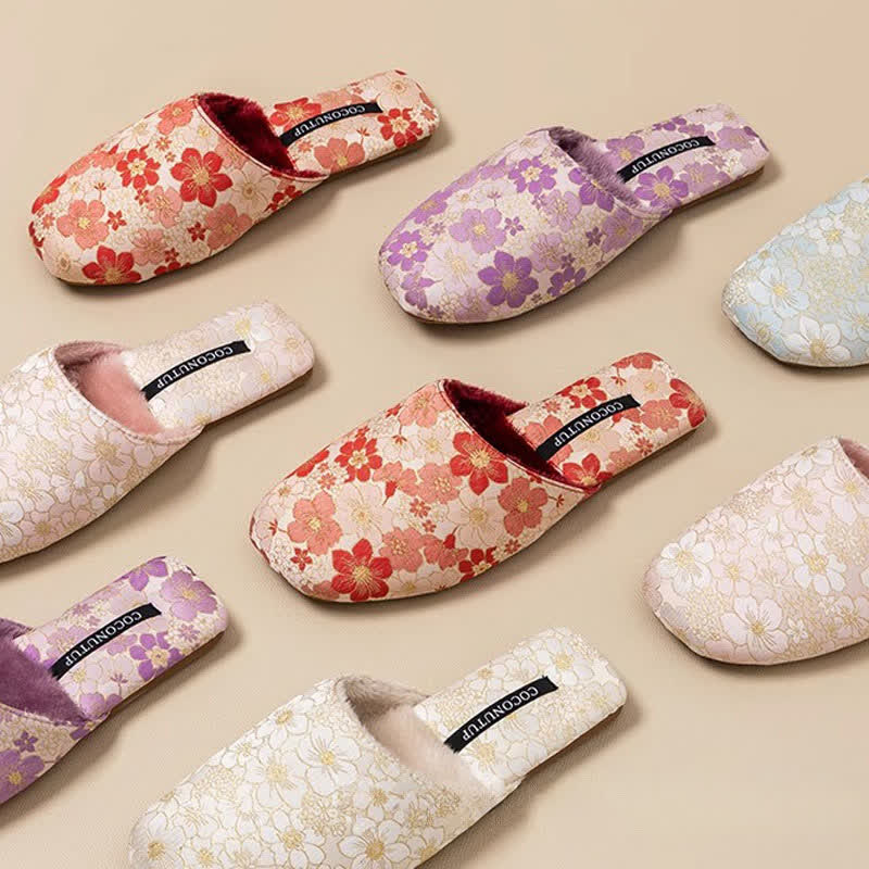 Ownkoti Oriental Peach Blossom Jacquard Plush Slippers