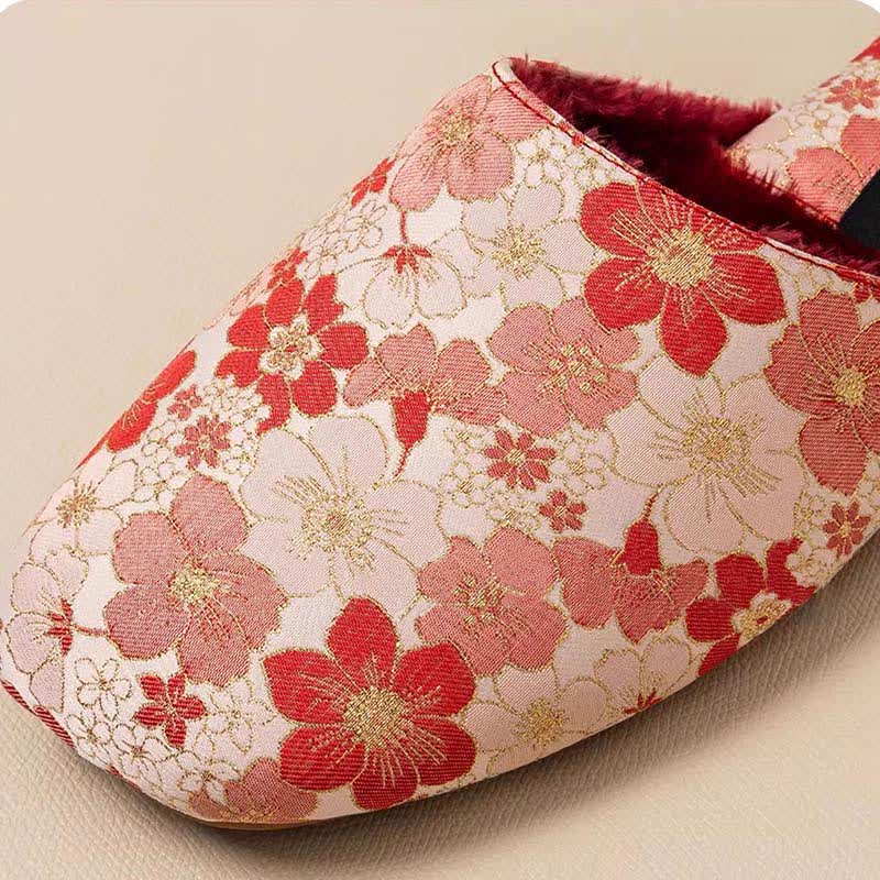 Ownkoti Oriental Peach Blossom Jacquard Plush Slippers