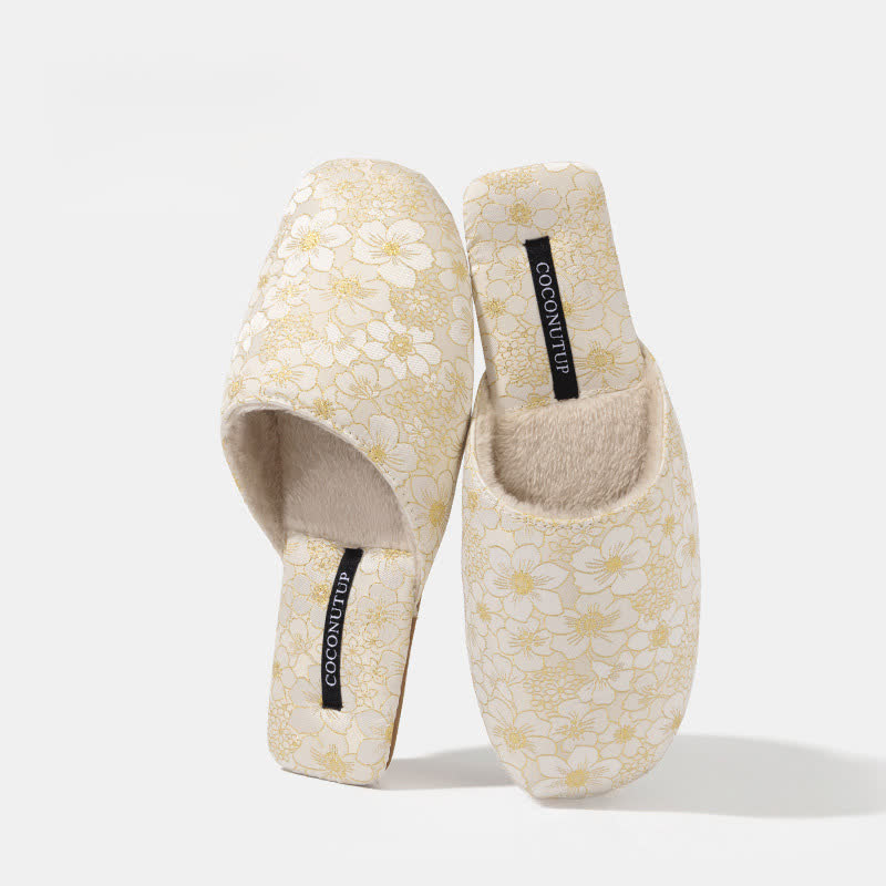 Ownkoti Oriental Peach Blossom Jacquard Plush Slippers