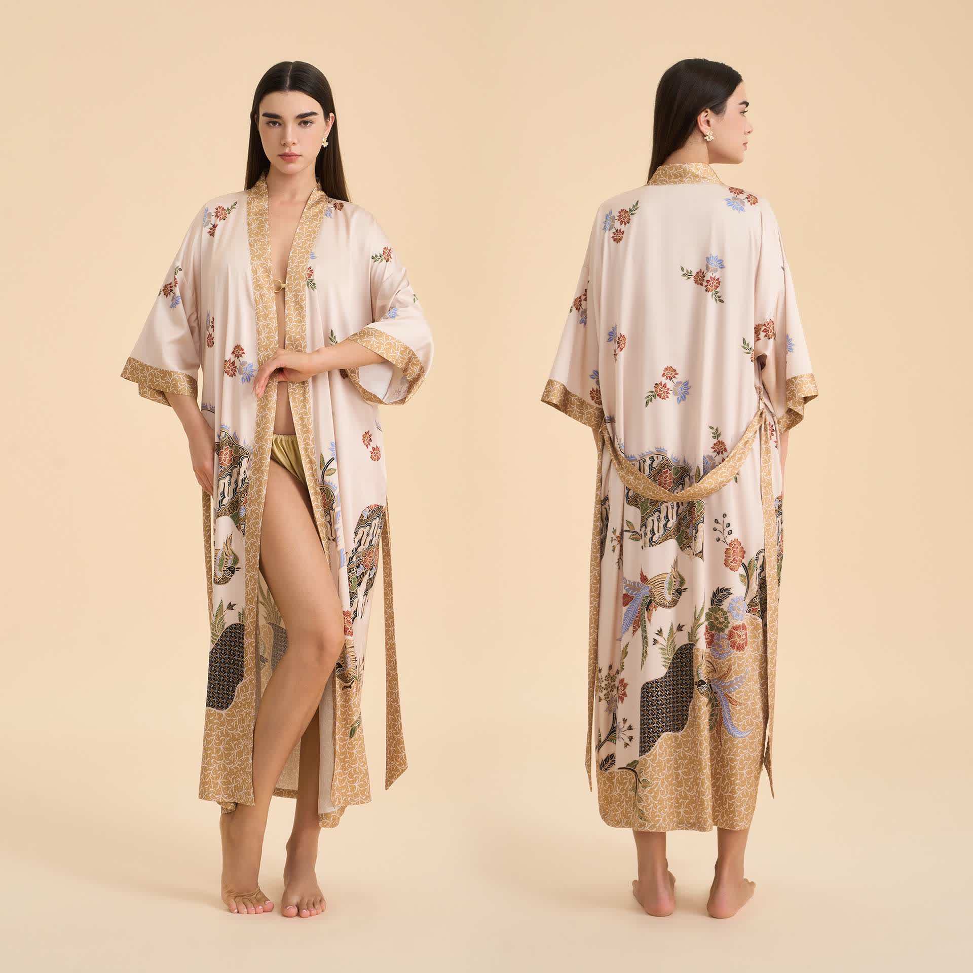Oriental Floral Bird Kimono Style Bathrobe