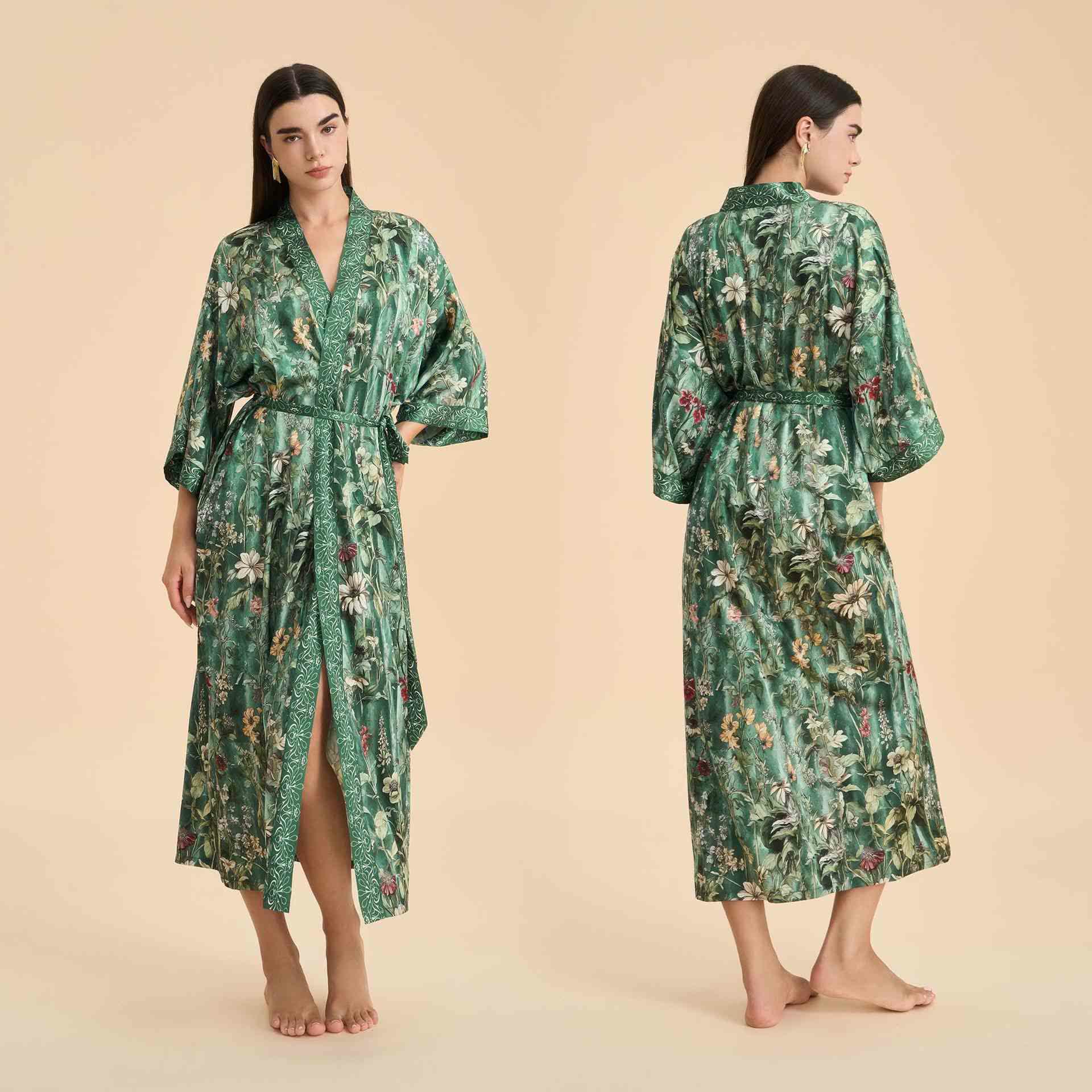 Green Botanical Floral Kimono Style Bathrobe