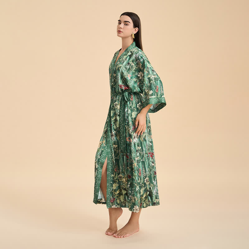 Green Botanical Floral Kimono Style Bathrobe