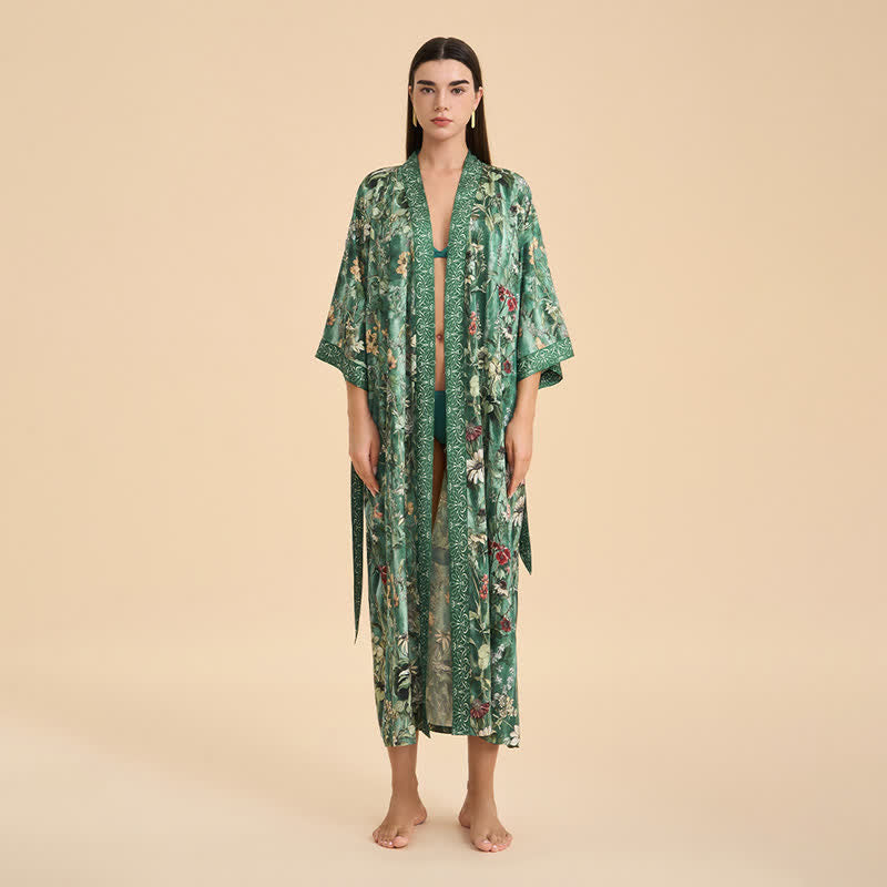 Green Botanical Floral Kimono Style Bathrobe