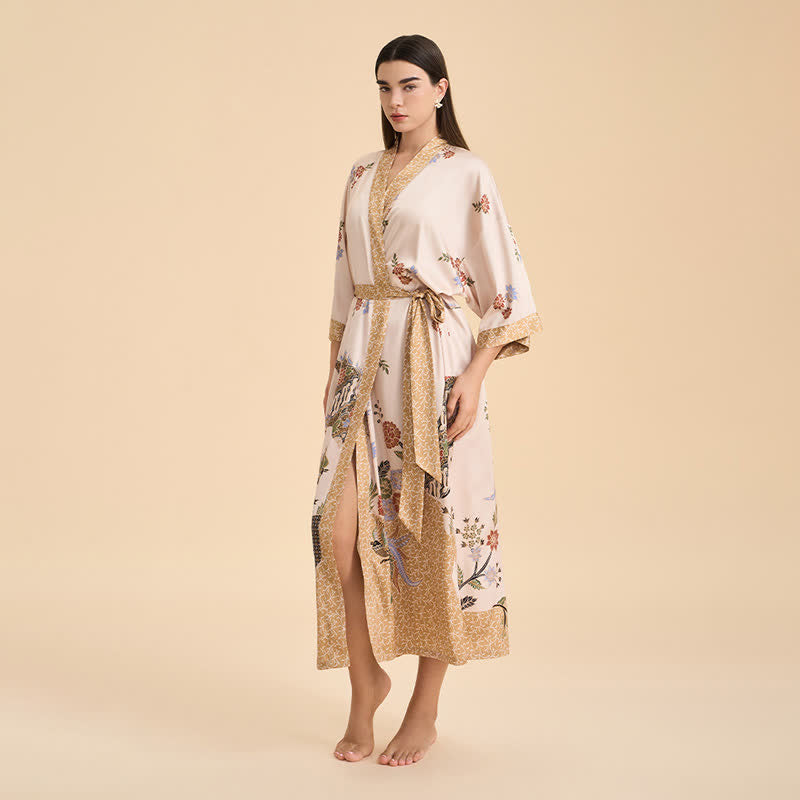 Oriental Floral Bird Kimono Style Bathrobe