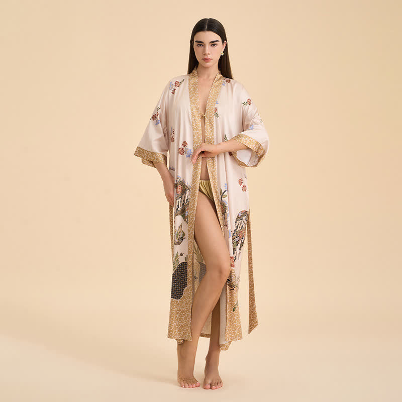 Oriental Floral Bird Kimono Style Bathrobe